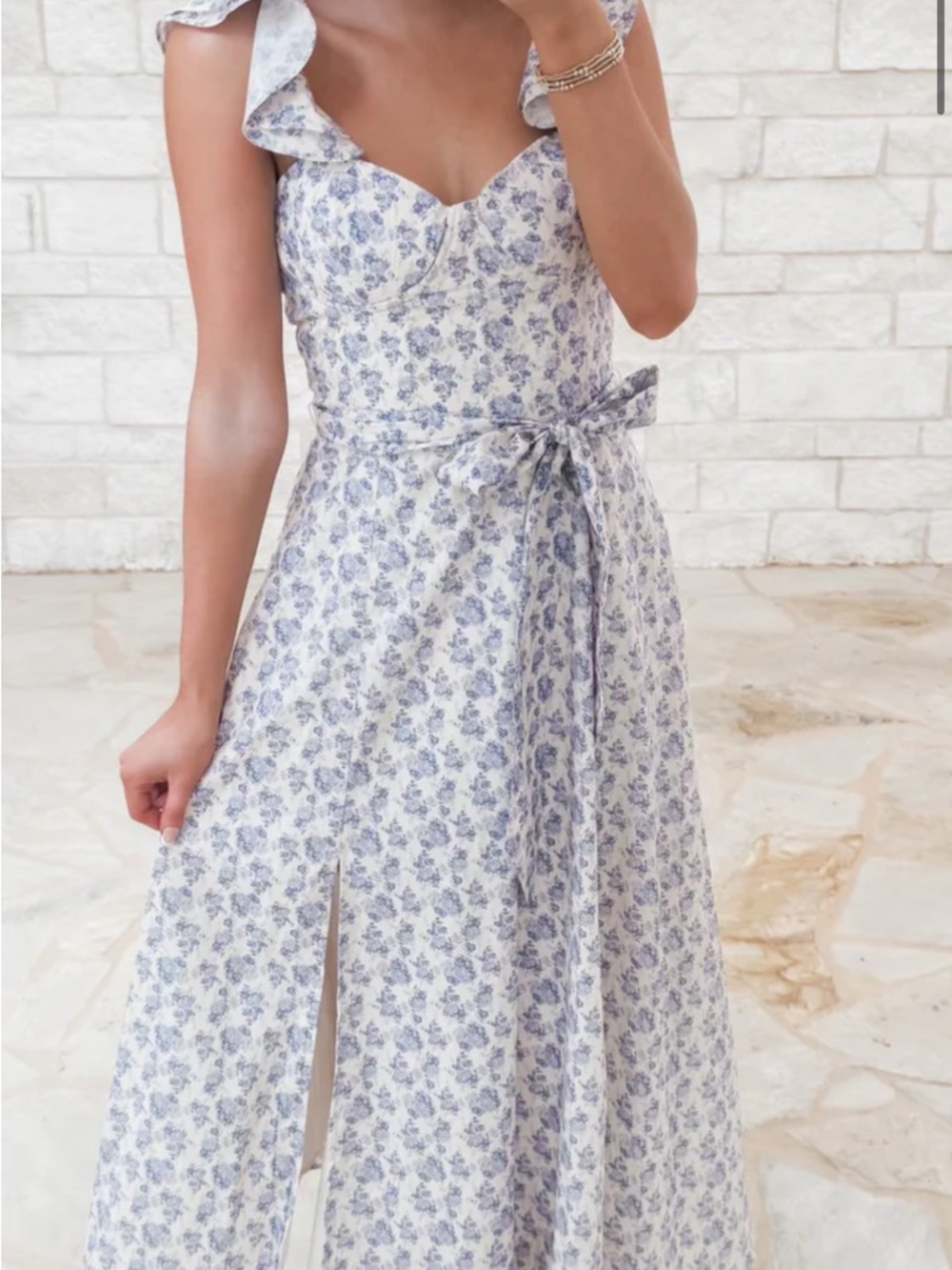 Blue Floral Ruffled Strap Midi Dress